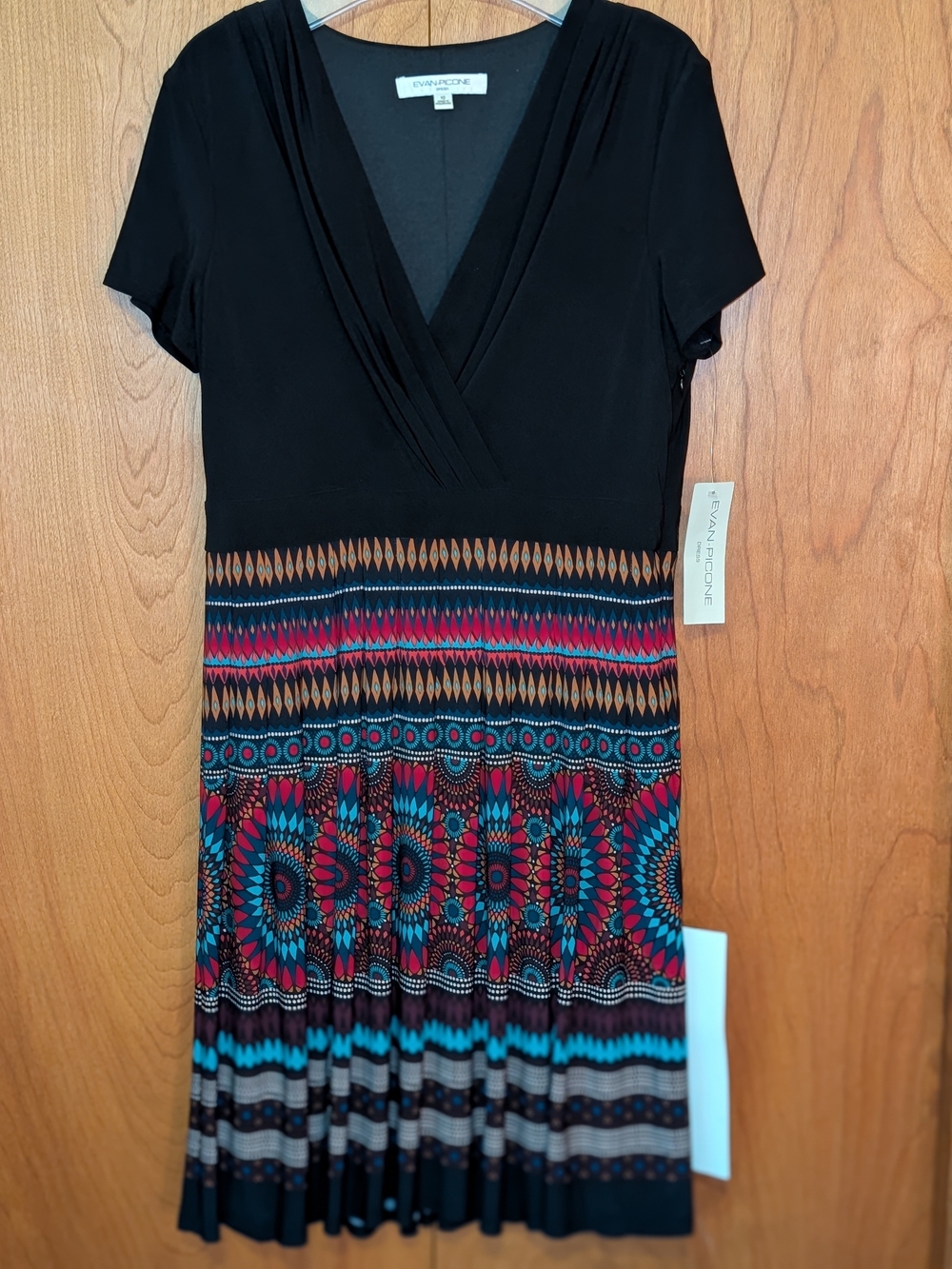 Evan Picone Black Dress with Teal and Magenta Patterned Skirt